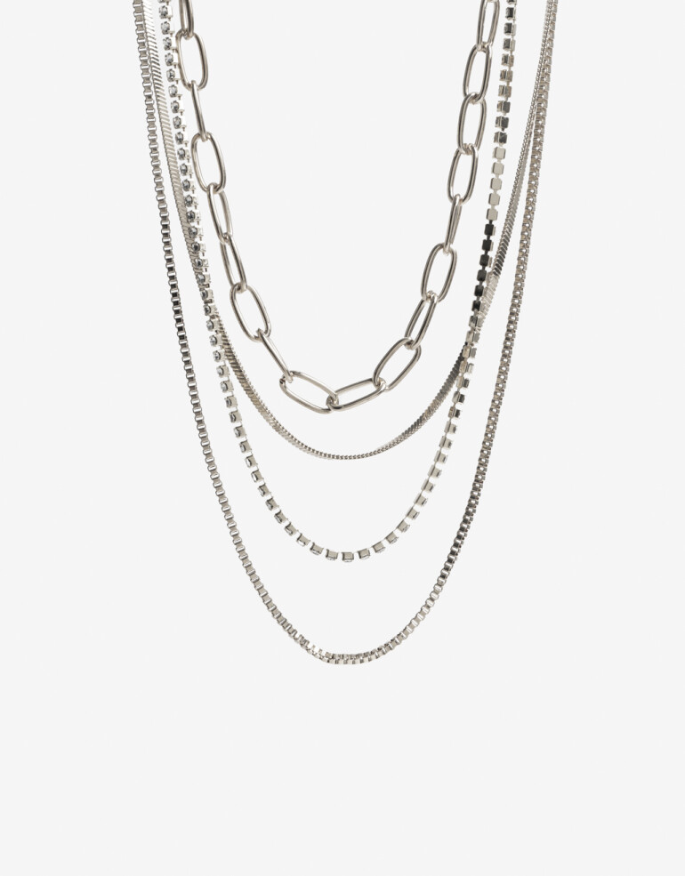 Collares Cortos Strass Set Collares Metal Y Strass - Plateado Rodio