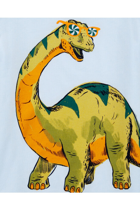 Remera de algodón, manga corta, estampa dinosaurio. Talles 6-24M Sin color