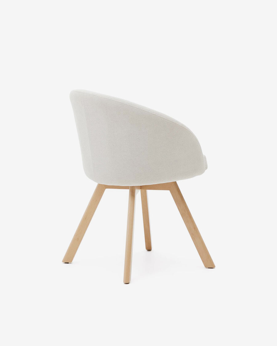 Silla giratoria Marvin chenilla beige y patas de madera maciza de haya acabado natural