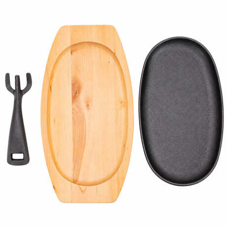 Plancha Grill Oval Hierro Base Madera Para Servir Grafito