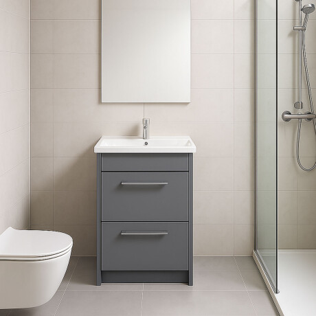 MUEBLE DORAZIO LAQUEADO EN MDF AL PISO - COLOR GRIS MATE C/ BACHA BLANCA DE CERAMICA GAMAS DE GRIS
