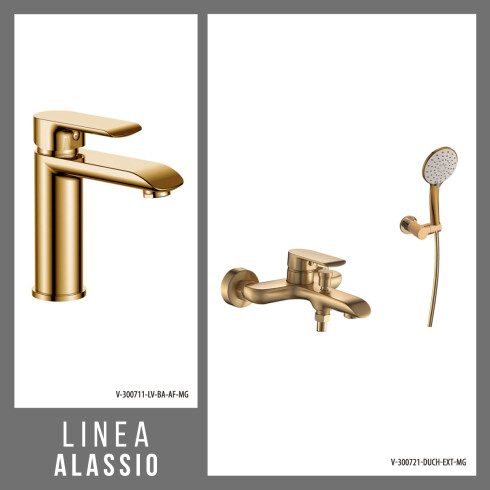 Juego De Griferia Completo. Incluye Ducha Externa Y Lavatorio Bajo Apertura En Frio, Oro Semi Mate Aqualia 000