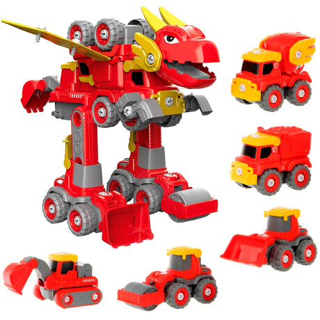 Robot Dragón Transformer 5x1 Autos De Construcción Rojo