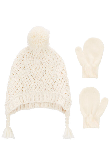 Gorro con pom pom y mitones, marfil. Talle 2/4T Sin color
