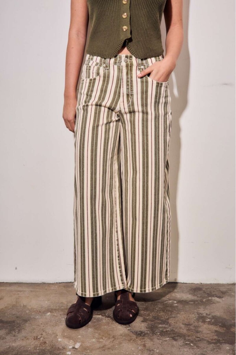 Jean Wide Leg Rayado - Oliva Y Crema 