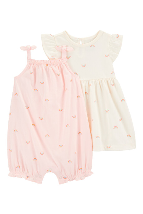Set dos piezas de algodón, monito bombachudo y vestido, diseño arcoíris Set dos piezas de algodón, monito bombachudo y vestido, diseño arcoíris