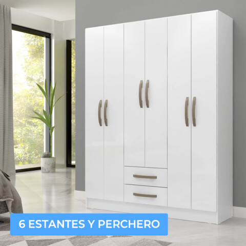 Ropero Armario 6 puertas 2 cajones con estantes y perchero interior natural 172X136X35 - Blanco Ropero Armario 6 puertas 2 cajones con estantes y perchero interior natural 172X136X35 - Blanco
