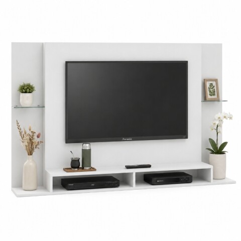 Rack Flotante Tv 60 Pulgadas Blanco - Con Estantes De Vidrio Y Pasacables Rack Flotante Tv 60 Pulgadas Blanco - Con Estantes De Vidrio Y Pasacables