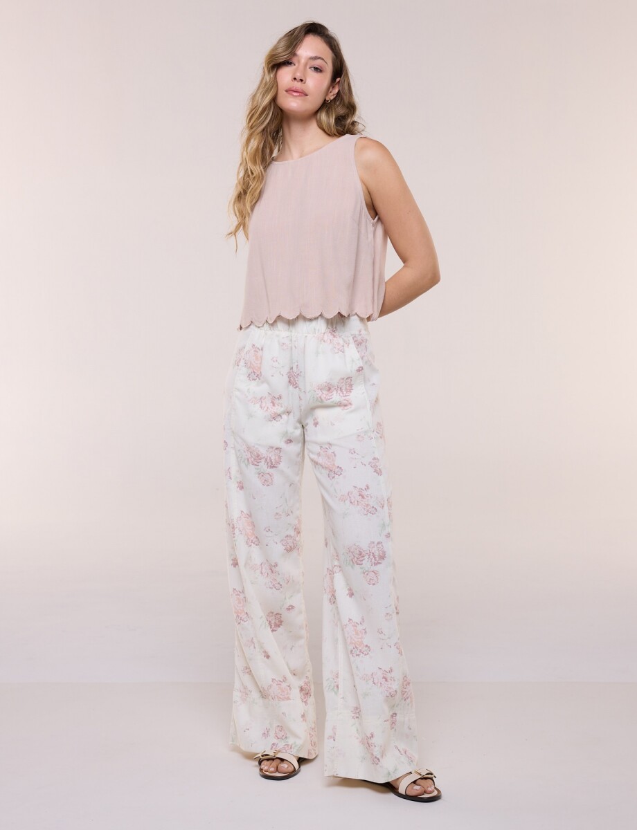 Pantalon Lino Wide Leg Con Estampa Floral - Crudo/multi 