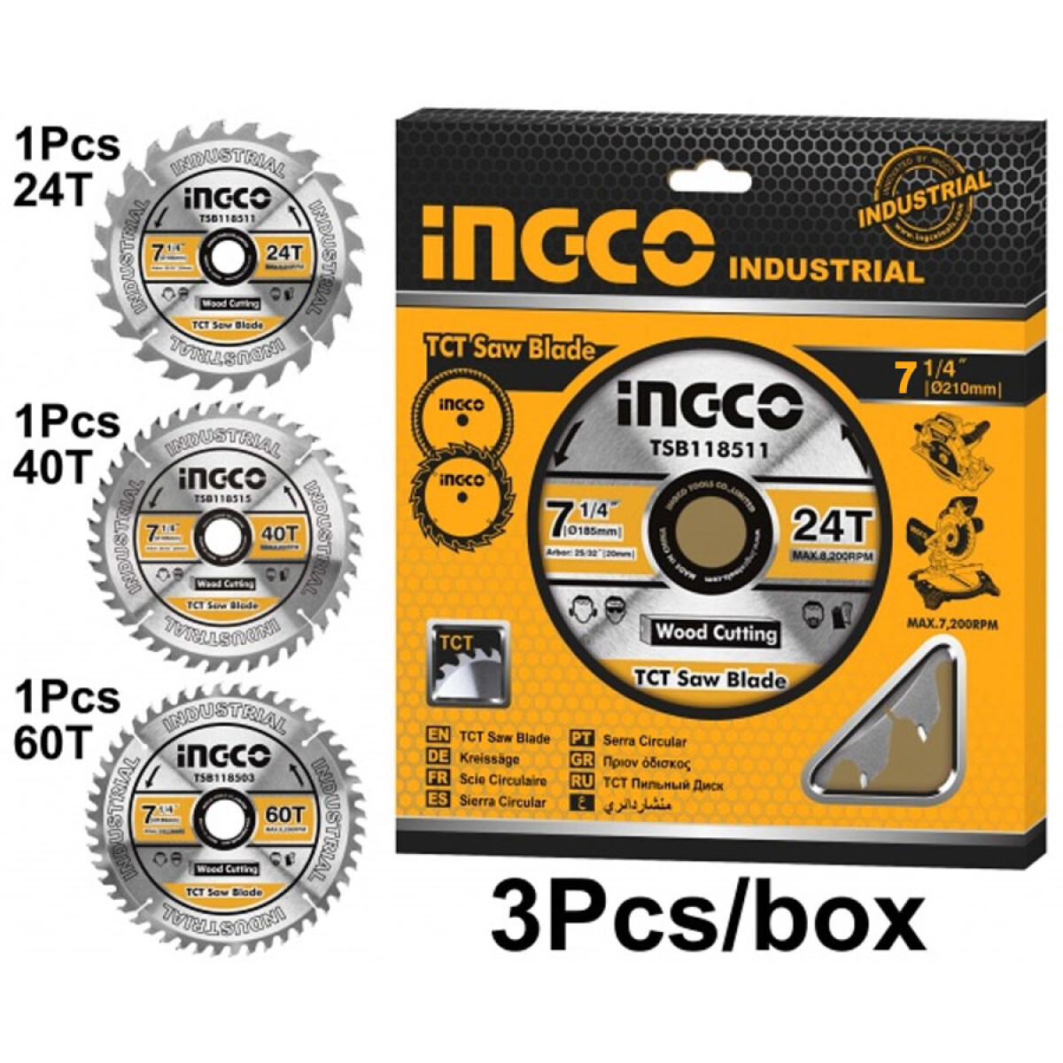 SET 3 DISCOS CORTE 7 1/4´´ SIERRA CIRCULAR INGCO 24 40 Y 60 DIENTES 