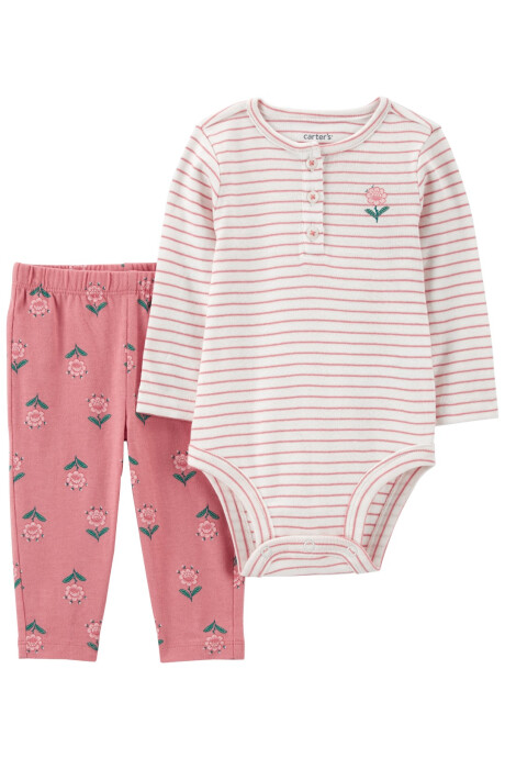 Set dos piezas pantalón y body manga larga con botones de algodón diseño flores Sin color