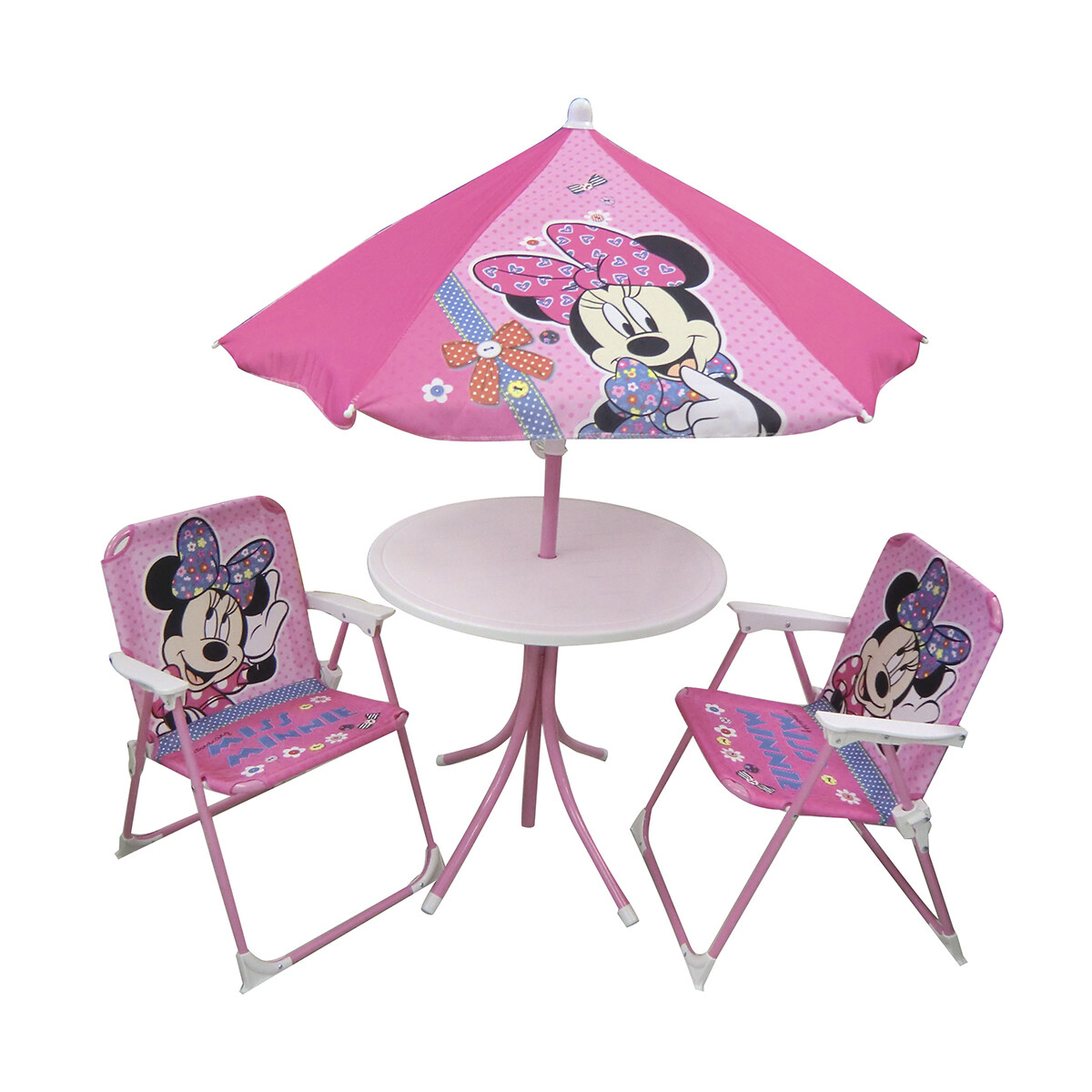 Set Jardín Minnie 4 Piezas: 2 sillas, 1 Mesa y 1 Sombrilla 