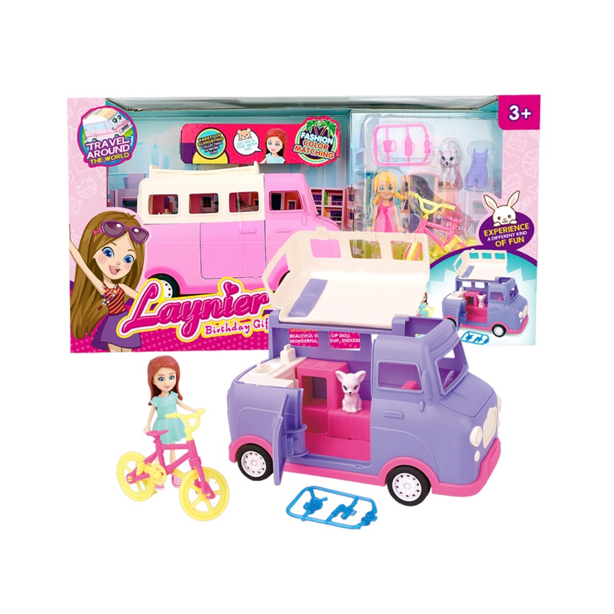 Set de muñeca con camioneta van y mascota 