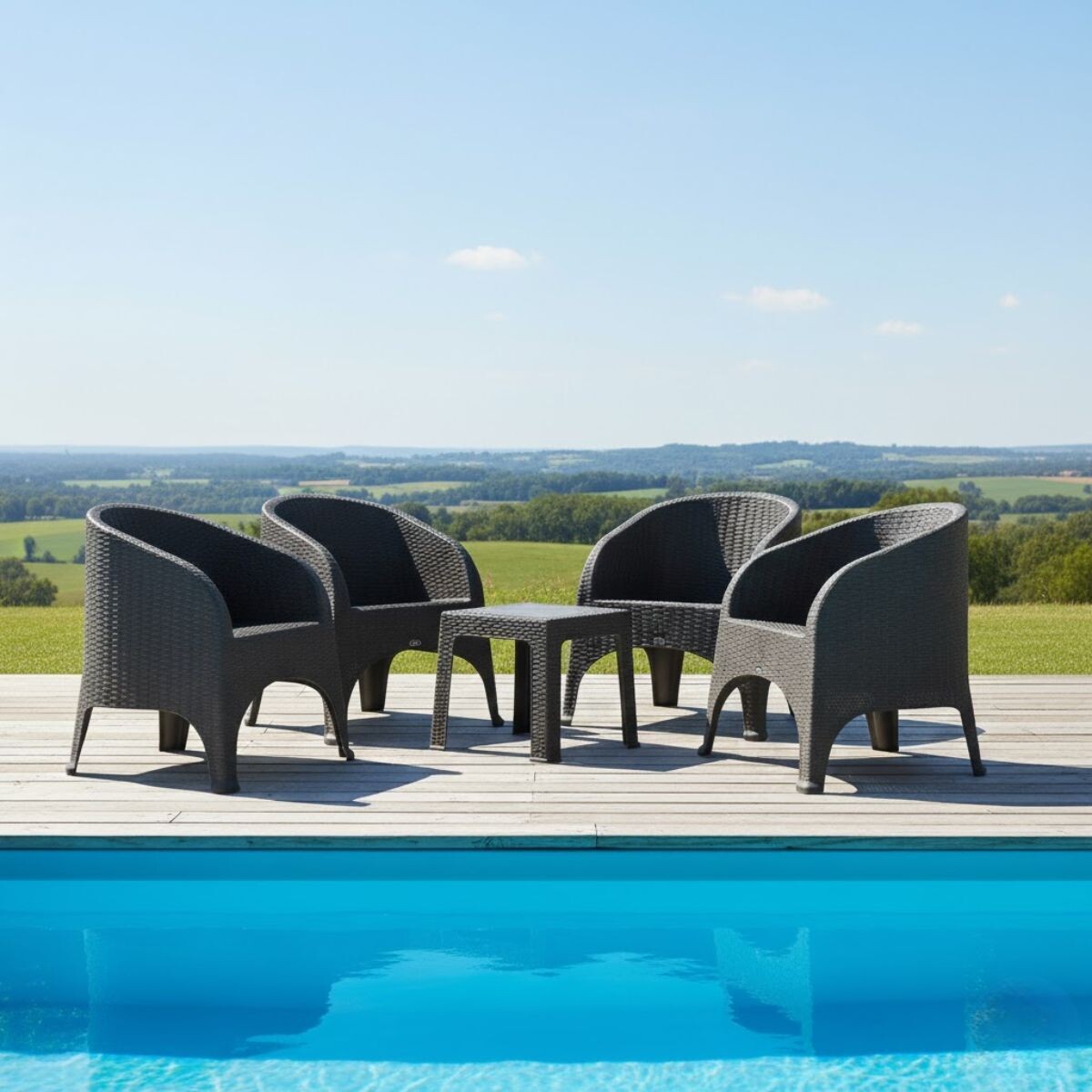 Set x4 sillones simíl ratán + Mesa cuadrada - GRIS 