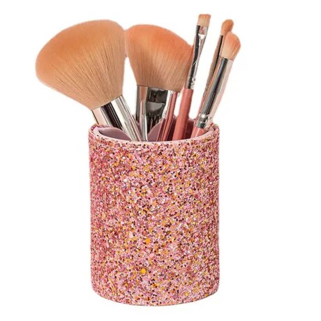 Set de 5 Brochas Maquillaje con Recipiente Porta Pinceles Rosado