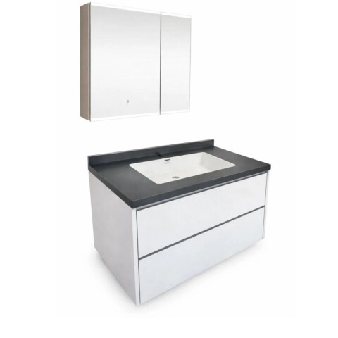 Mueble de baño suspendido Vip 80cm Blanco mesa gris y espejo botiquín 75 cm Vip blanco DMC Mueble De Baño Suspendido Vip 80cm Blanco Mesa Gris Y Espejo Botiquín 75 Cm Vip Blanco Dmc