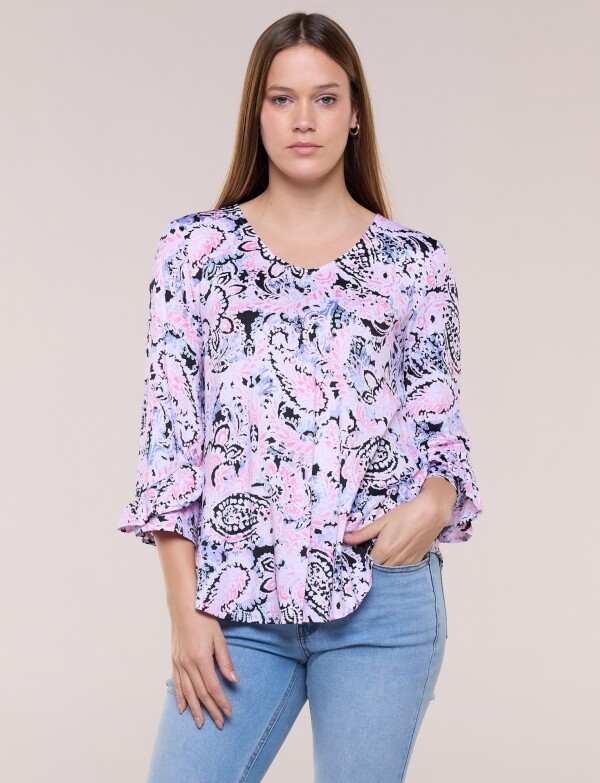 Blusa Holgada Manga 3/4 Con Volado ROSA/MULTI