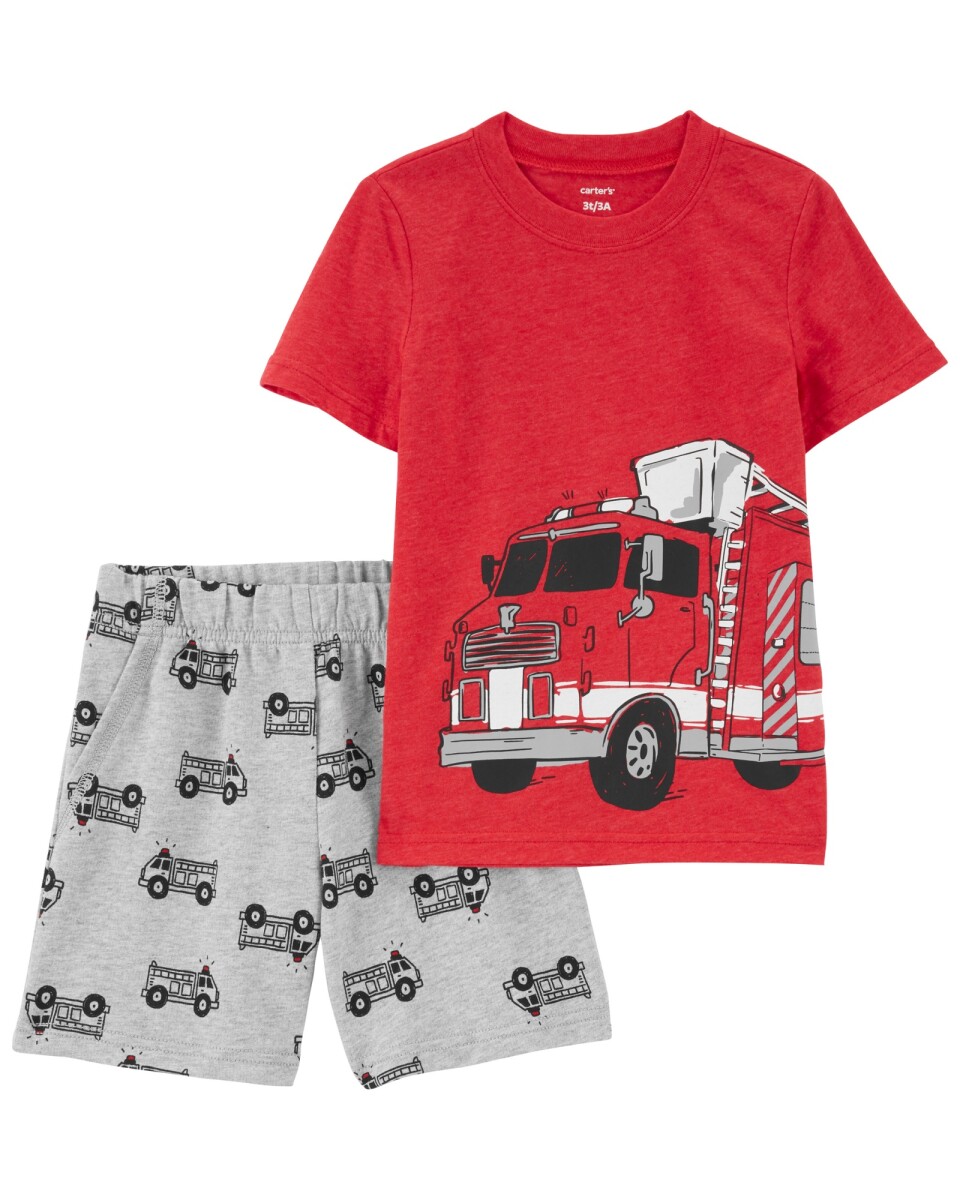 Set dos piezas de algodón, short y remera, diseño bomberos 