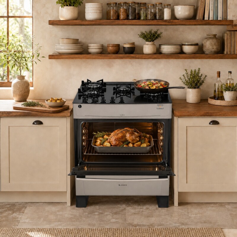 Cocina A Gas James 5 Hornallas Titanuim Con Mesada De Vidrio Negra C 695 V Cocina A Gas James 5 Hornallas Titanuim Con Mesada De Vidrio Negra C 695 V