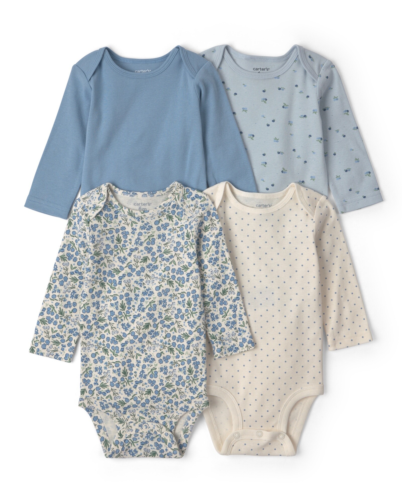 Pack cuatro bodies de algodón, manga larga, azul y crema, diseño flores Sin color