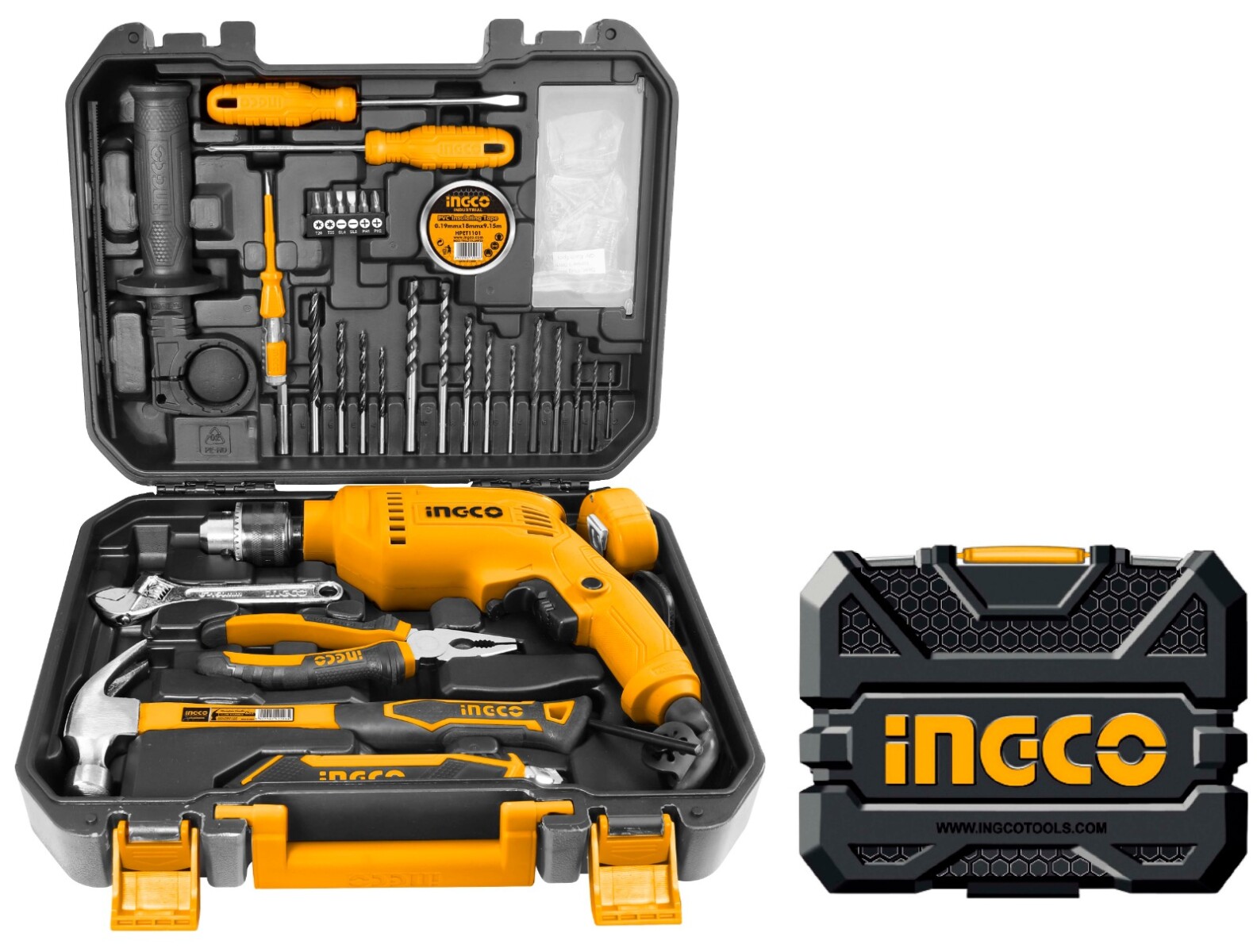 KIT TALADRO PERCUTOR 550W + 111 HERRAMIENTAS EN VALIJA PLASTICA INGCO HKTHP11111 