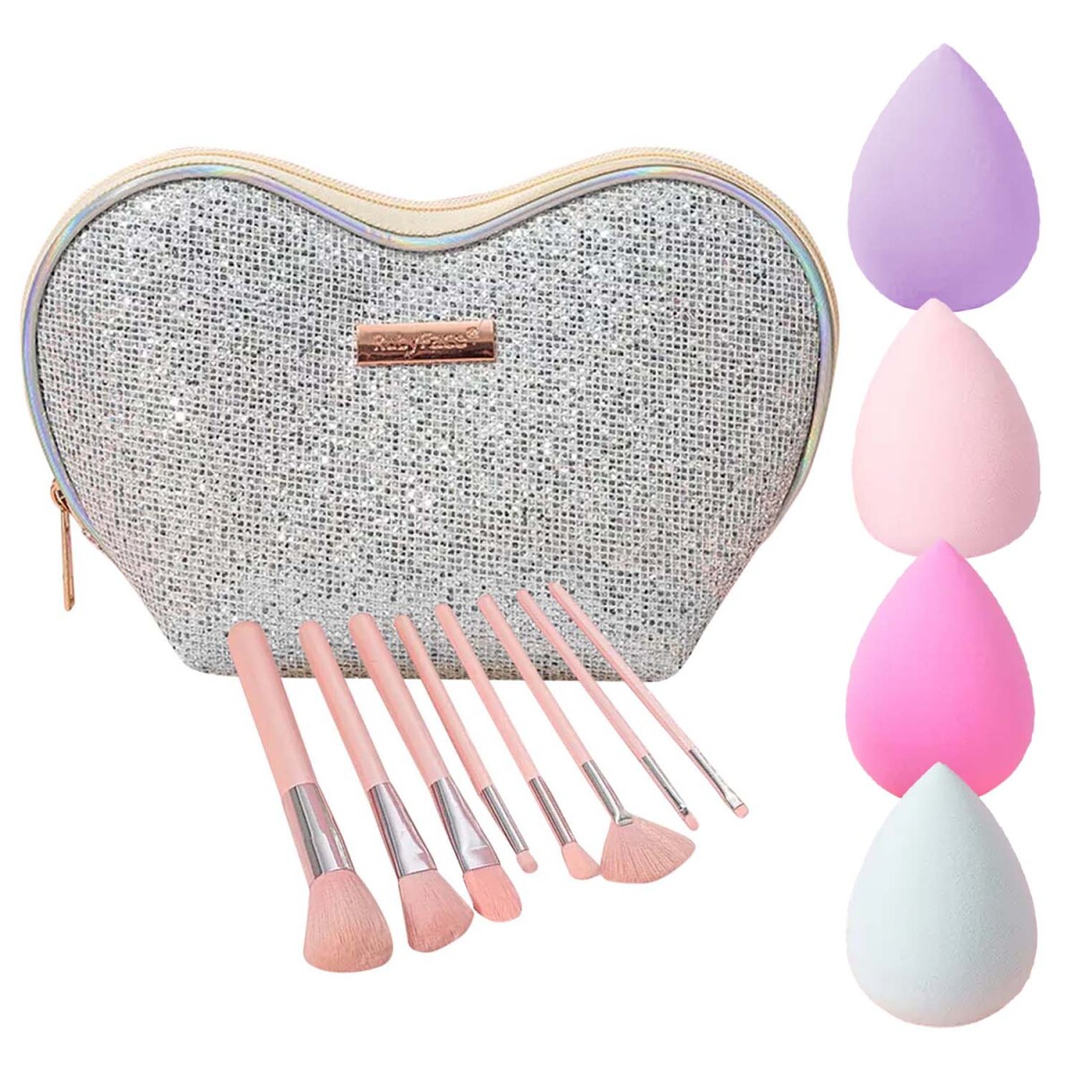Set Maquillaje 8 Brochas y Pinceles con Estuche + Esponjas - Plateado 