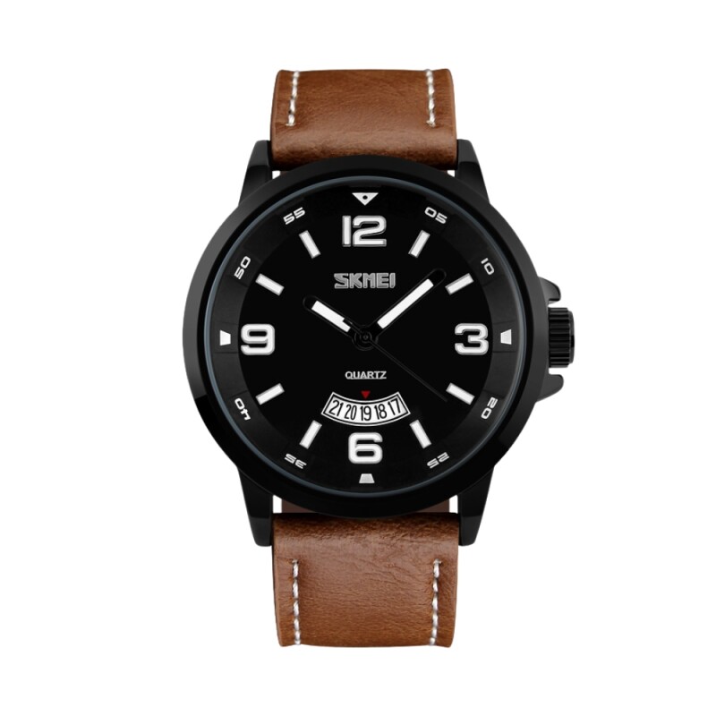 Reloj Skmei 9115BKBN analógico para hombre en acero negro con correa marrón de cuero Reloj Skmei 9115bkbn Analógico Para Hombre En Acero Negro Con Correa Marrón De Cuero