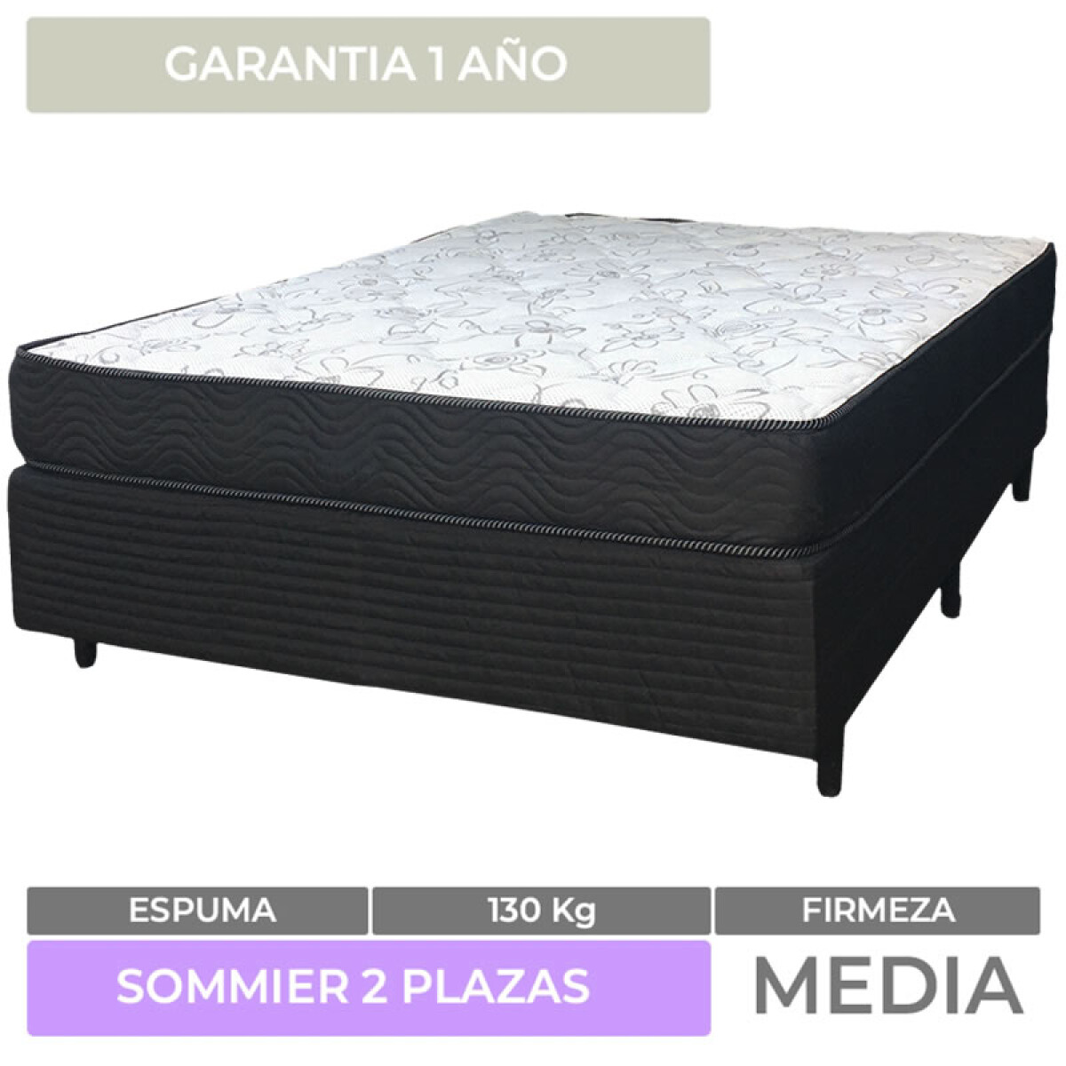 Sommier 2 Plazas Box y Colchón Mulata Firm Reversible 100% Espuma 138 x 188 x 20 cm - 130 Kg 