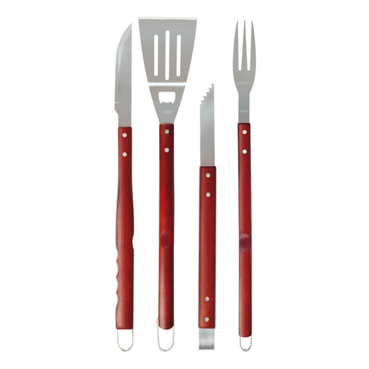KIT ASADO 4 PIEZAS CUCHILLO, TENEDOR, ESPATULA, PINZA MANGO DE MADERA 
