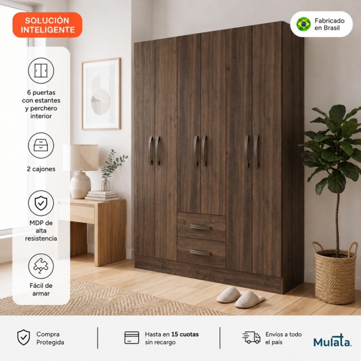 Ropero Placard 6 Puertas 2 Cajones Moderno Ancho 134 cm - Tabaco 