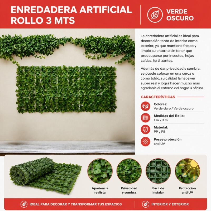 Enredadera artificial rollo 3 mts VERDE OSCURO