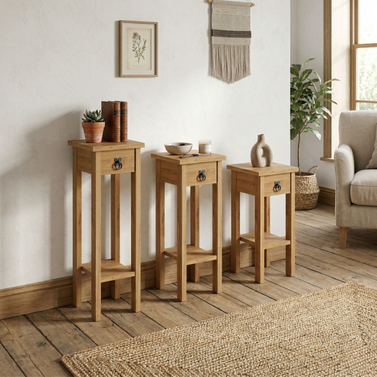 Conjunto Set De Mesas Pedestal Madera Maciza Linea Mexicana - Natural 