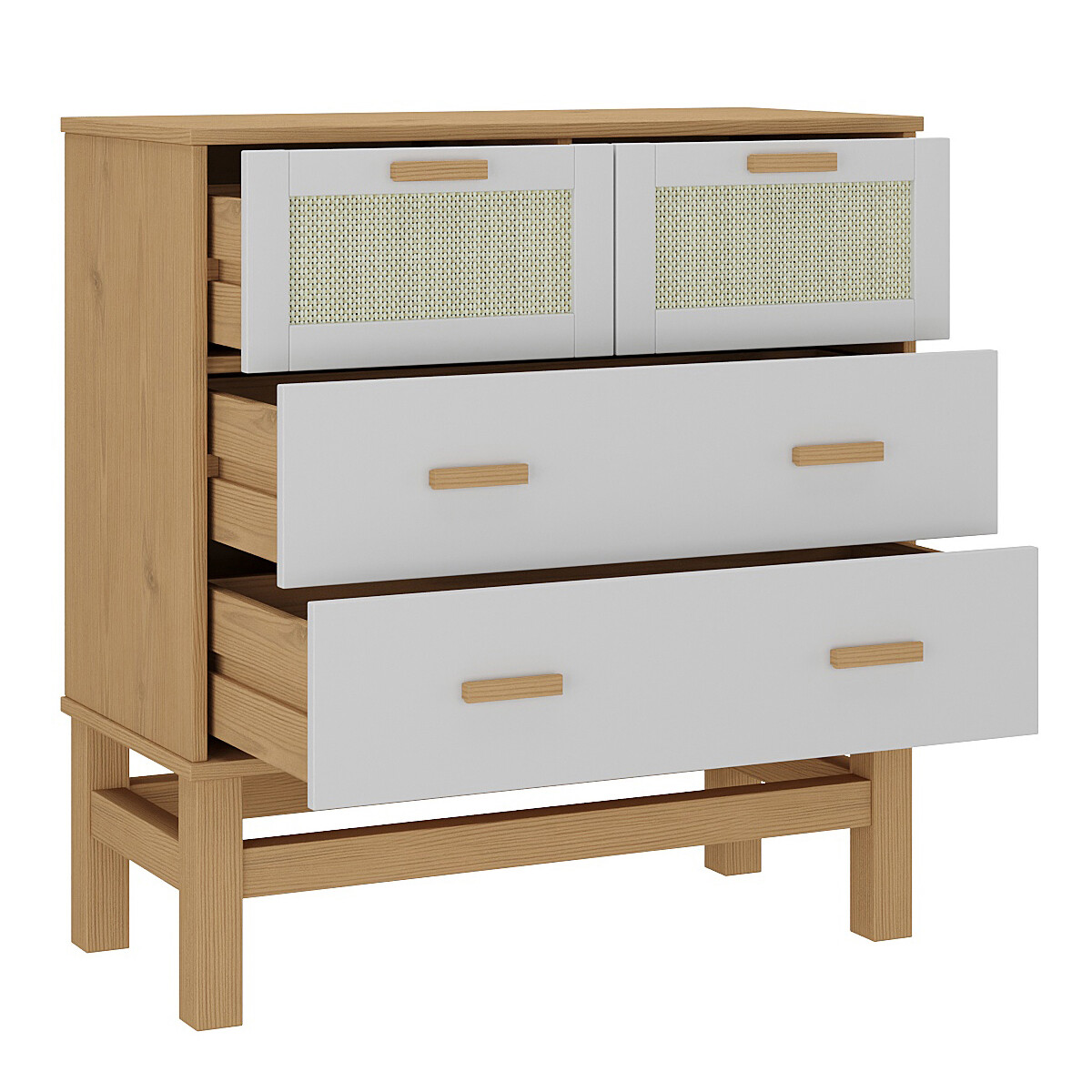 CÓMODA CAJONERA GUARDARROPA 4 CAJONES EN MADERA MACIZA CON RATAN 