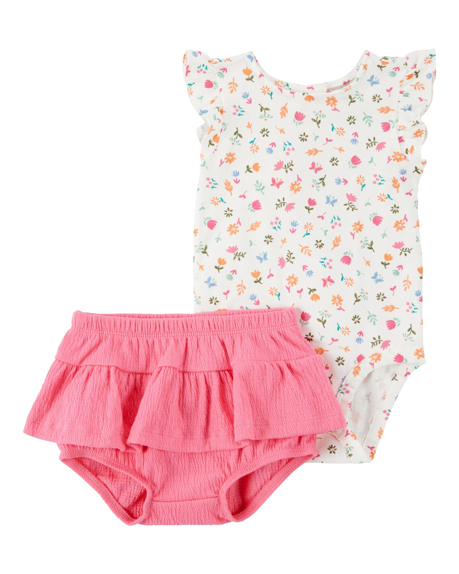 Set dos piezas de algodón, short y body con volados, diseño floral Sin color