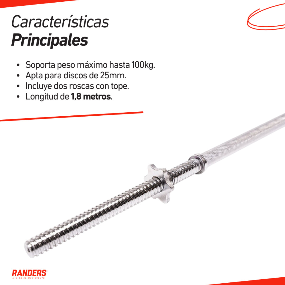 Barra Recta Maciza 1.8m con Topes 