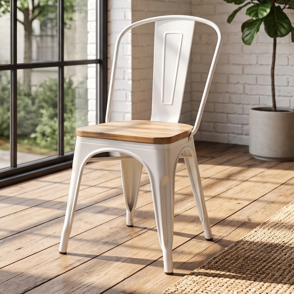 Silla Tolix Pack 4 unidades Metálica Asiento En Madera Blanco