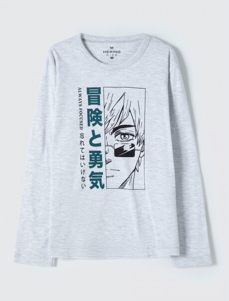 CAMISETA DE NIÑO MANGA LARGA ESTAMPADA GRIS CLARO