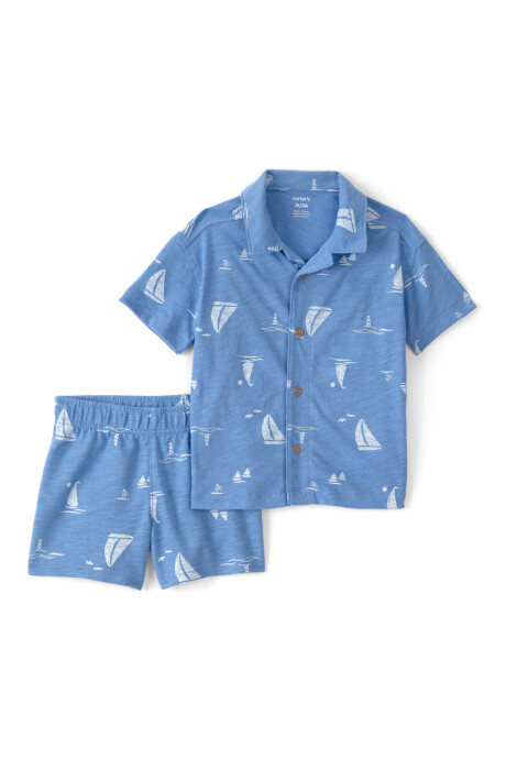 Set dos piezas de algodón, short y camisa, azul, diseño veleros. Talles 2-5T Sin color