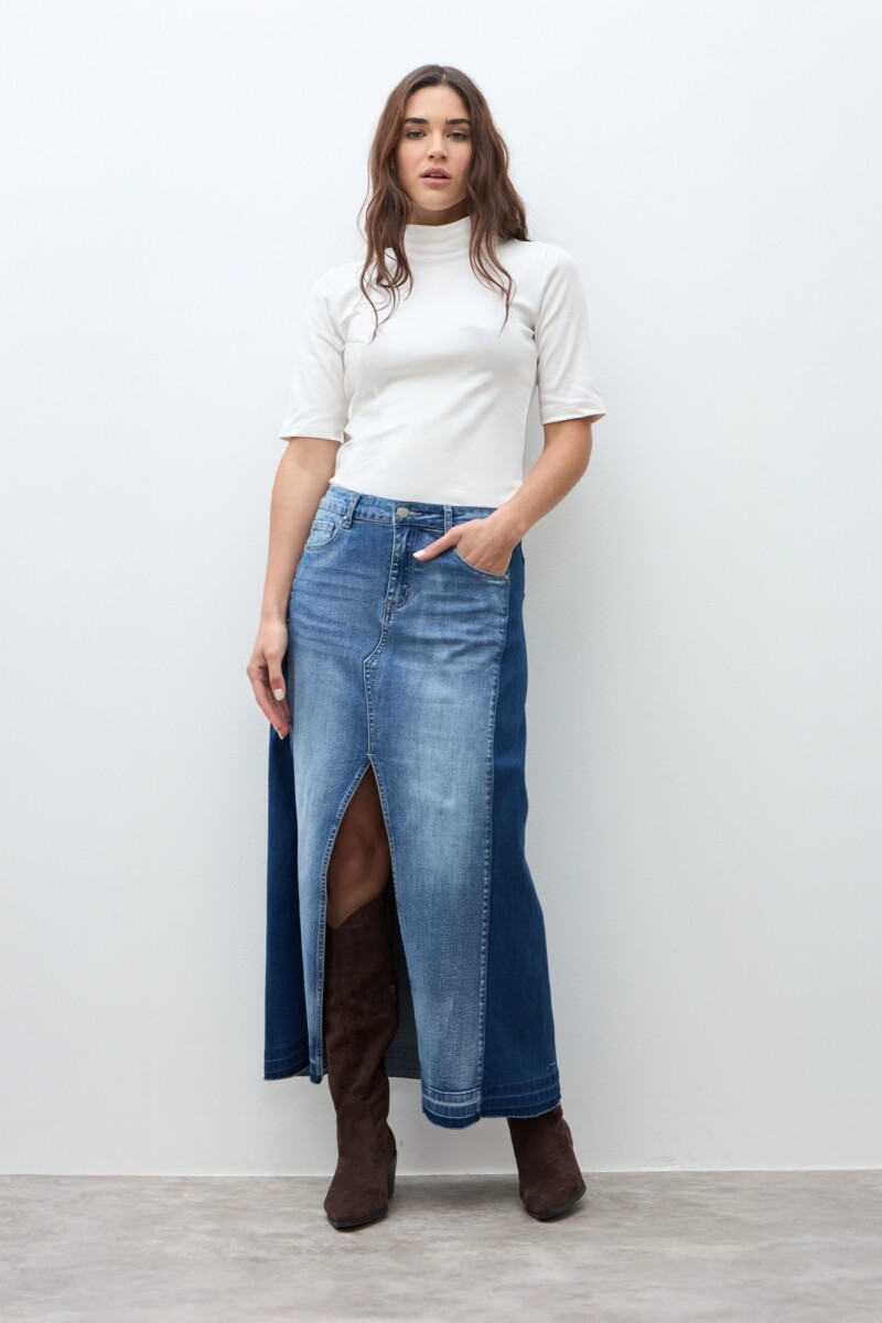 Falda bicolor con tajo jean medio