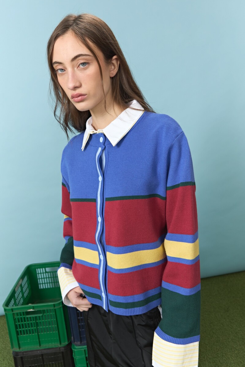 PREVENTA Cardigan rayas multicolor con jacquard en espalda azul