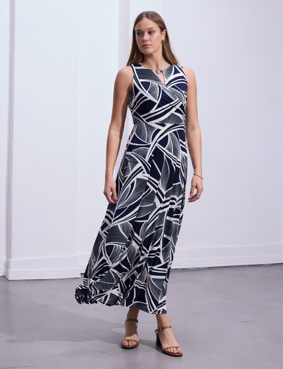 Vestido Maxi Keyhole Metal - Azul/blanco 