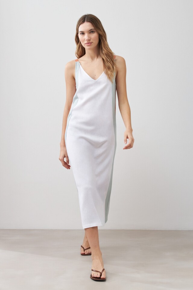 Vestido de lino color block blanco