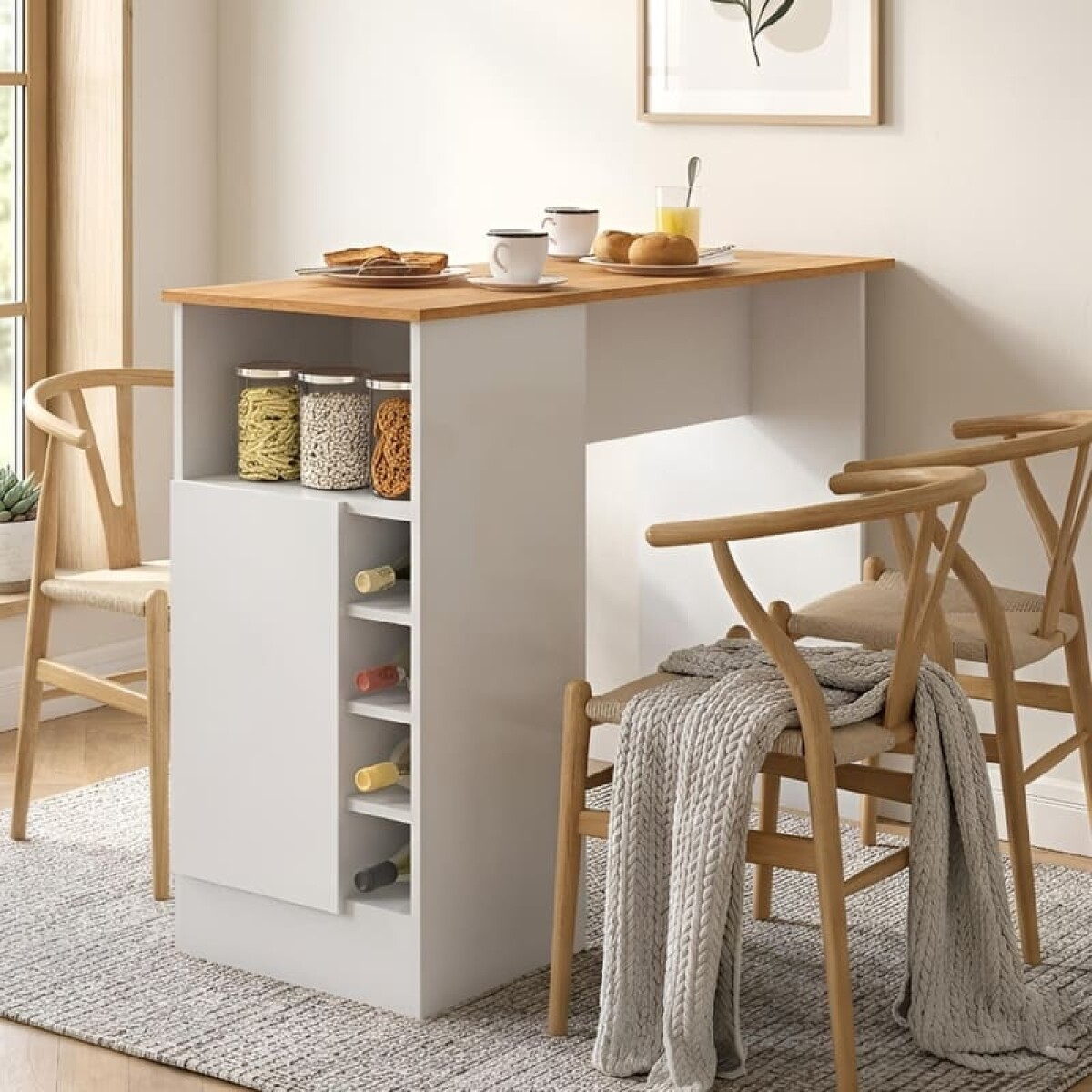 Mueble Barra de Cocina Desayunadora Con Nichos Para Vinos Y Almacenado - Blanco / Cinamomo 