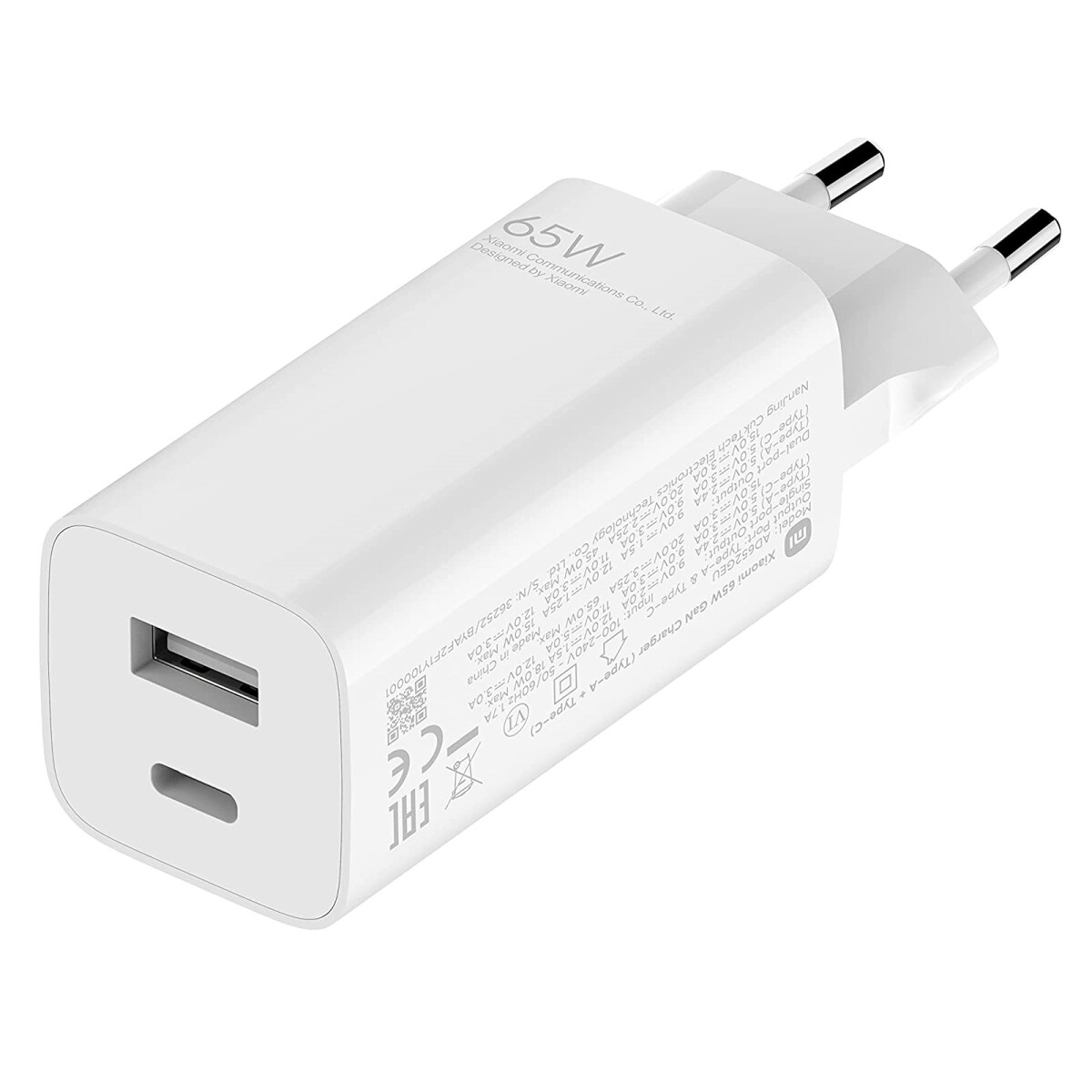 Cargador de Pared Dual XIAOMI 65W Tipo A + Tipo C - Blanco 