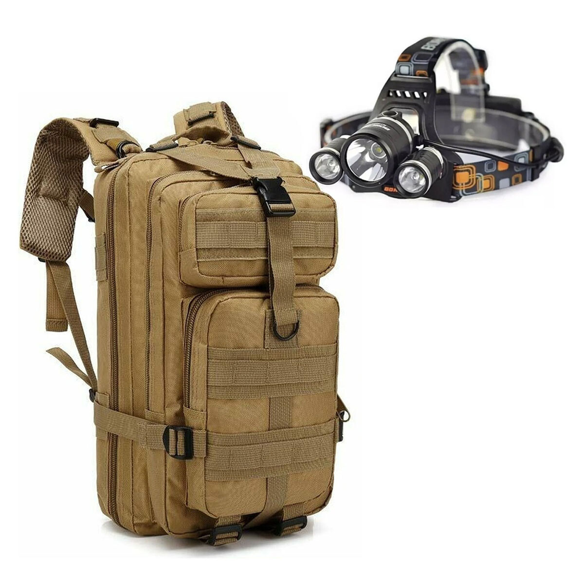 Set de Mochila Tactica Militar Linterna Minero Recargable Caqui HTS