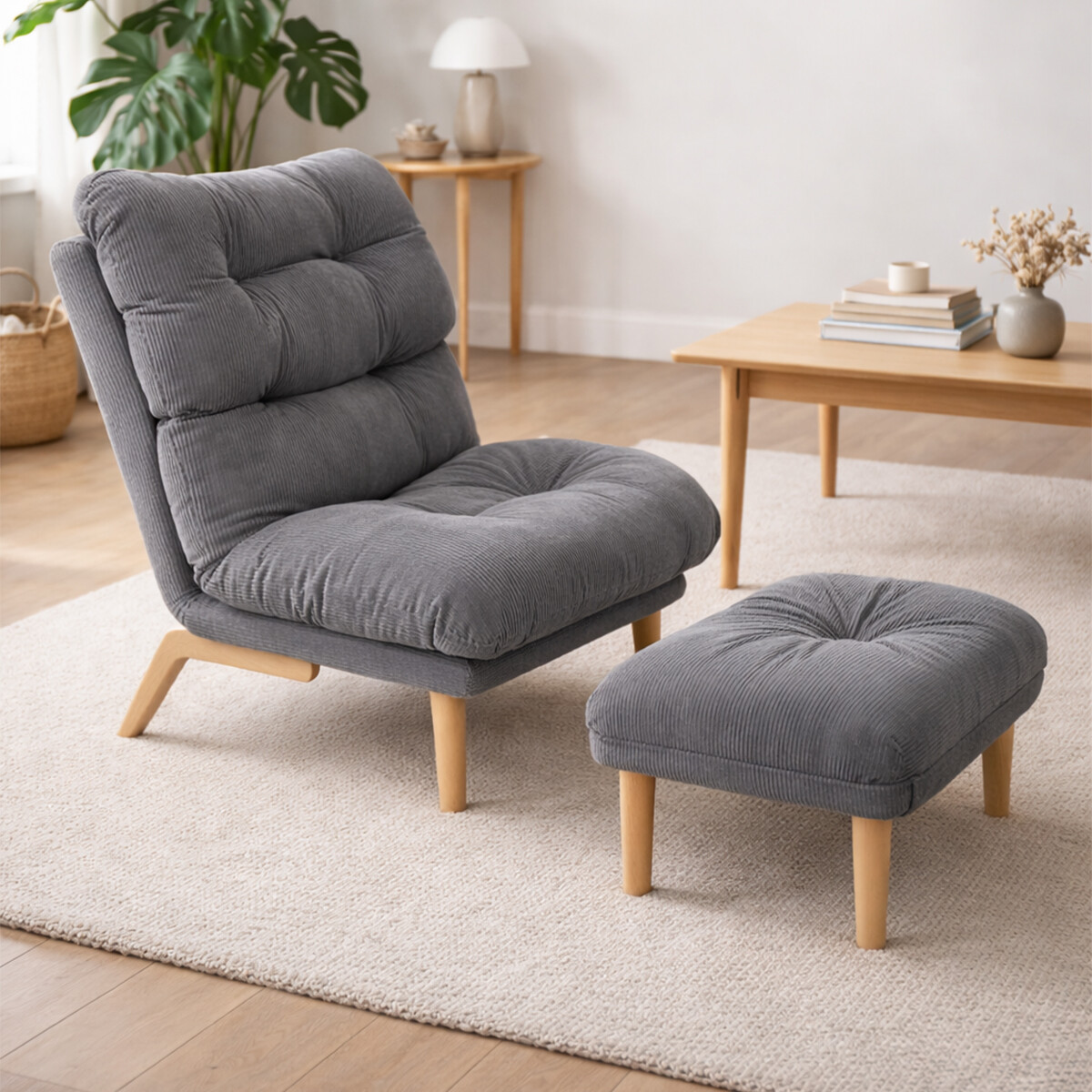 Poltrona Reclinable Con Puff Apoyapies Tapizado - Gris 
