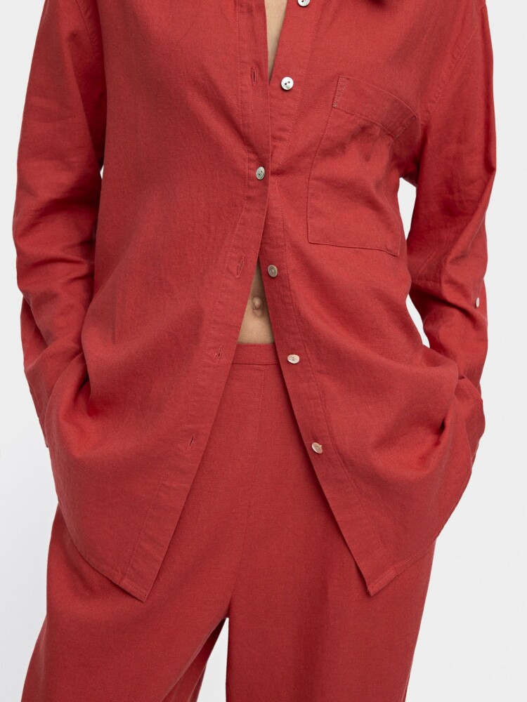 Camisa Mezcla De Lino Con Bolsillo teja