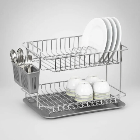Escurridor Vajilla Doble Nivel Bandeja y Cubiertero p/Mesada Gris/plateado
