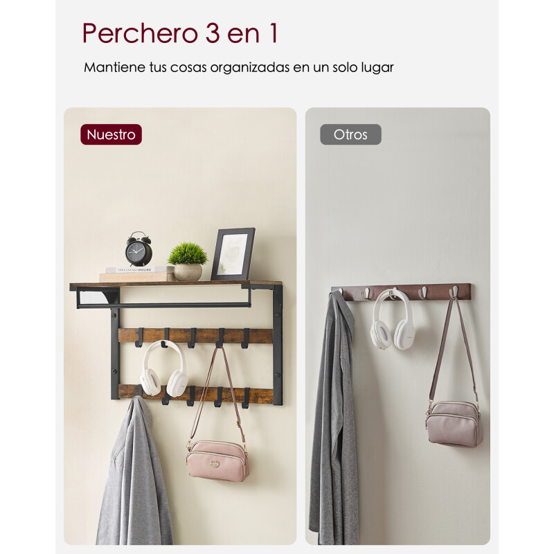 SONGMICS Perchero de Pared con Estante y 10 Ganchos Extraíbles – Para Entrada, Dormitorio o Baño Sin Color