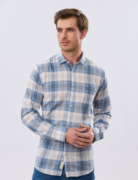 CAMISA CUADROS DE LINO Celeste